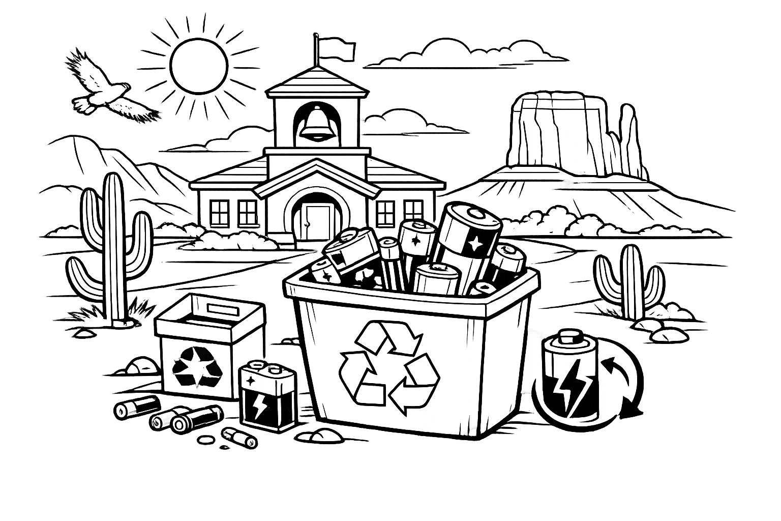 A black-and-white drawing of a desert landscape with cacti, a mountain, and a building with a bell tower, surrounded by clouds. In the foreground, there is a large recycling bin filled with batteries, a small box, and a tin can with a recycling symbol, indicating waste recycling.