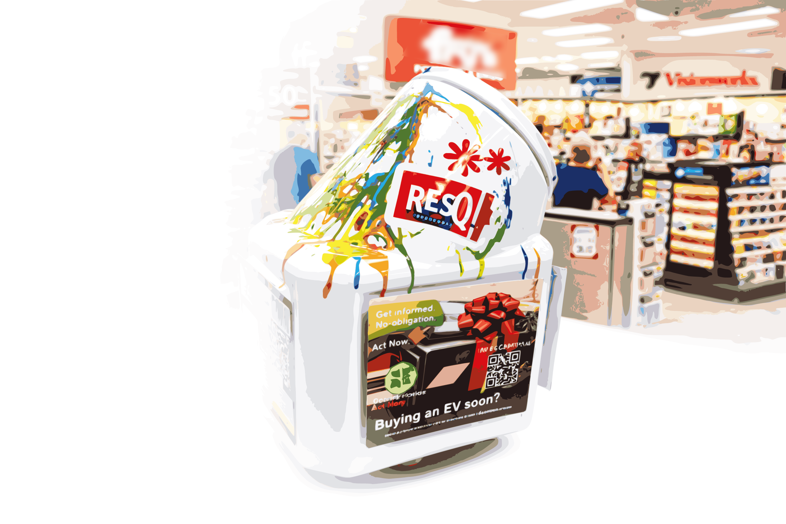 A charitable donation box with a sign asking about buying an electric vehicle, featuring colorful graphics and QR codes, located in a retail store aisle.