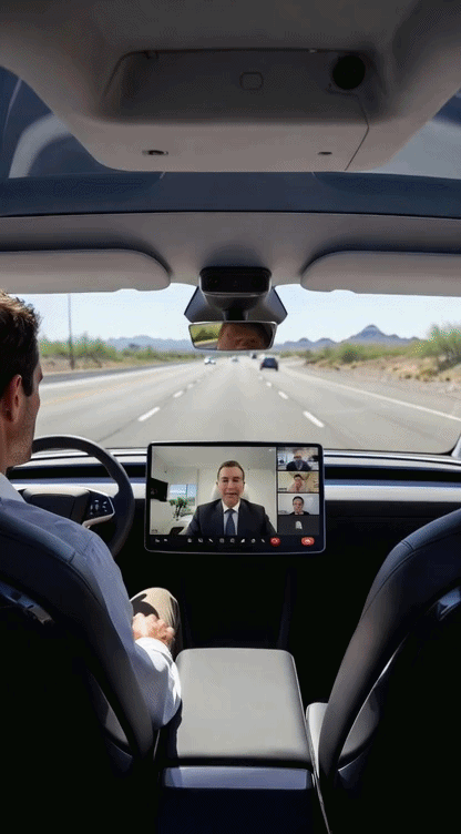 Passenger in an autonomous vehicle on a video call while billboards pass by outside