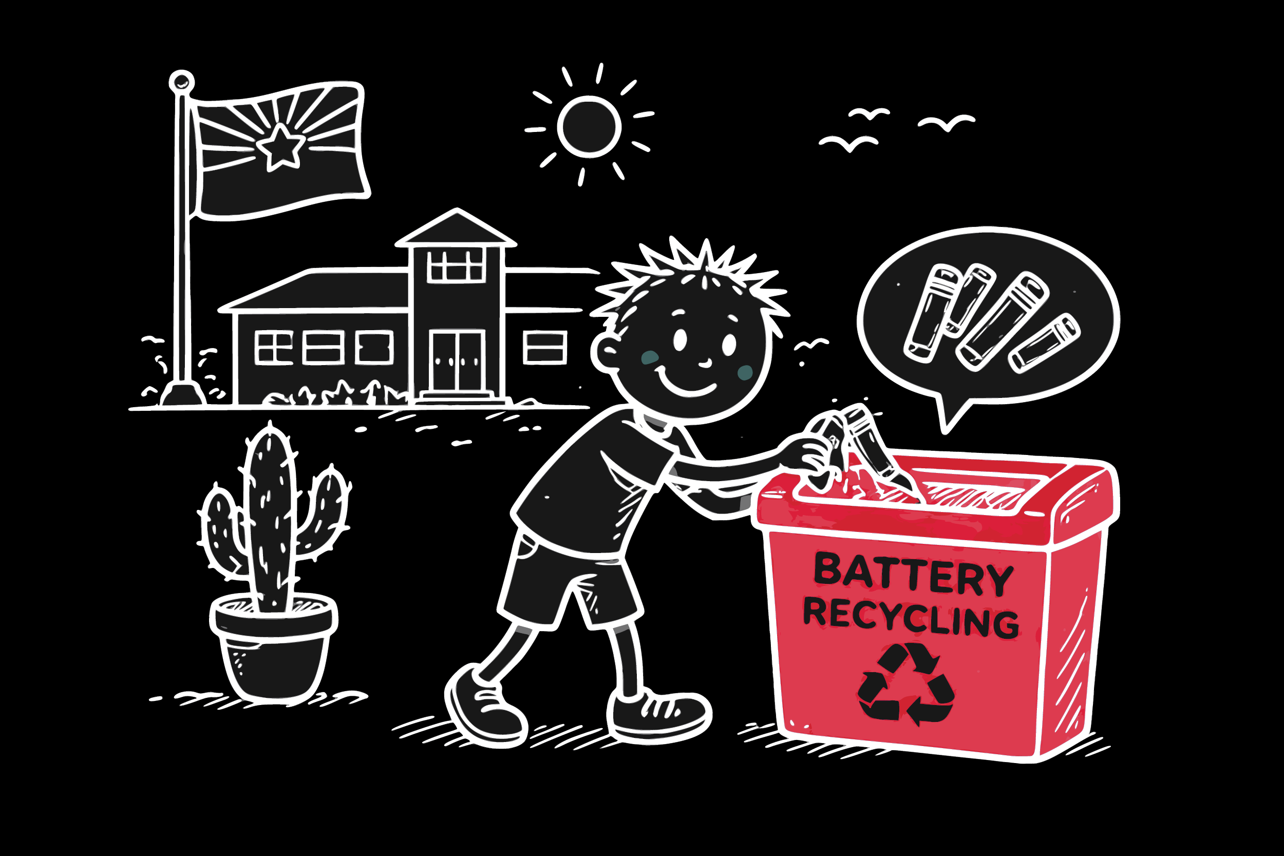 A child recycling batteries into a red battery recycling box outside a house with a flag, a cactus plant, and a sunny sky with birds.
