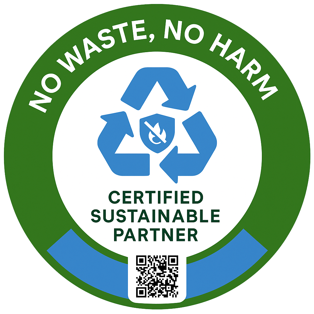 Circular badge with green border and white center, featuring recycling symbol in blue at the middle. Text around the border says "NO WASTE, NO HARM" at the top and "CERTIFIED SUSTAINABLE PARTNER" at the bottom. A QR code is located below the text.