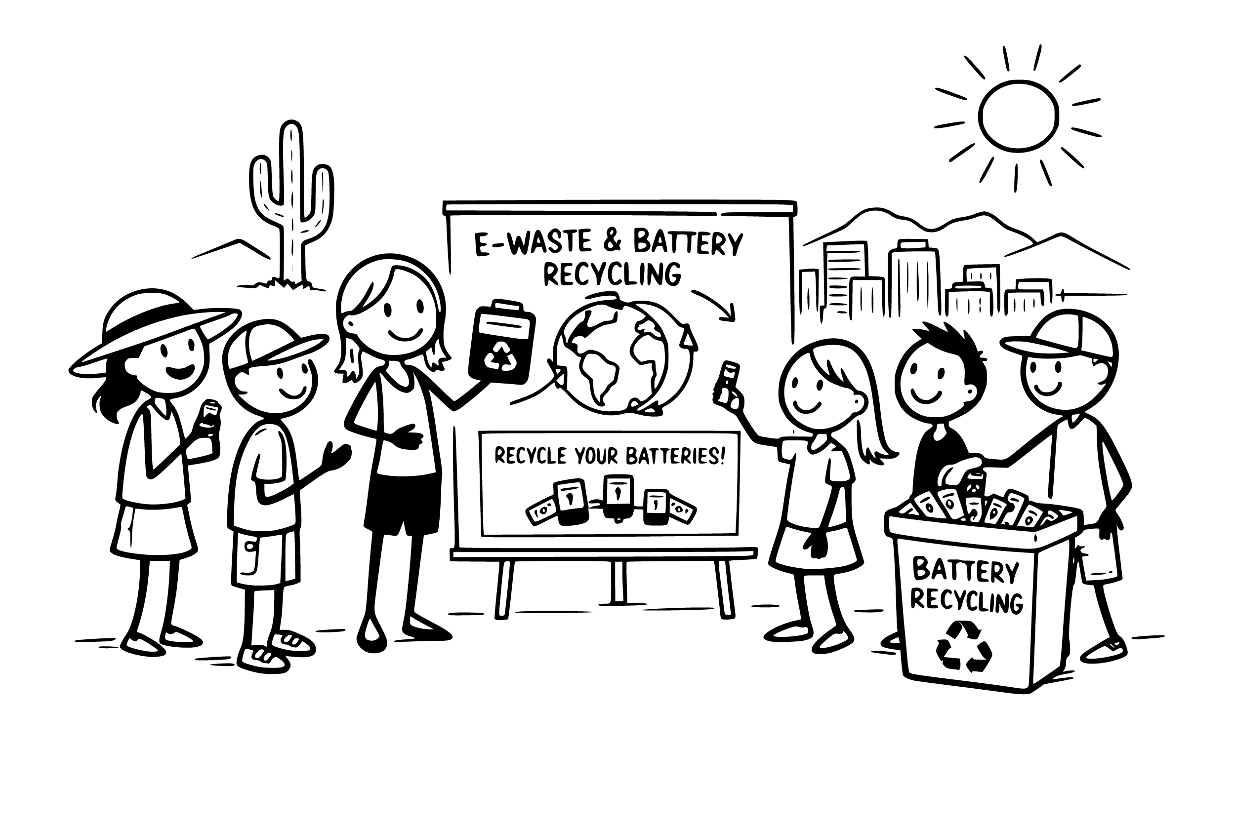 People participating in e-waste and battery recycling event outdoors with mountains, city skyline, and sun in background. They are holding batteries, placing batteries in recycling bins, and engaging in recycling awareness.