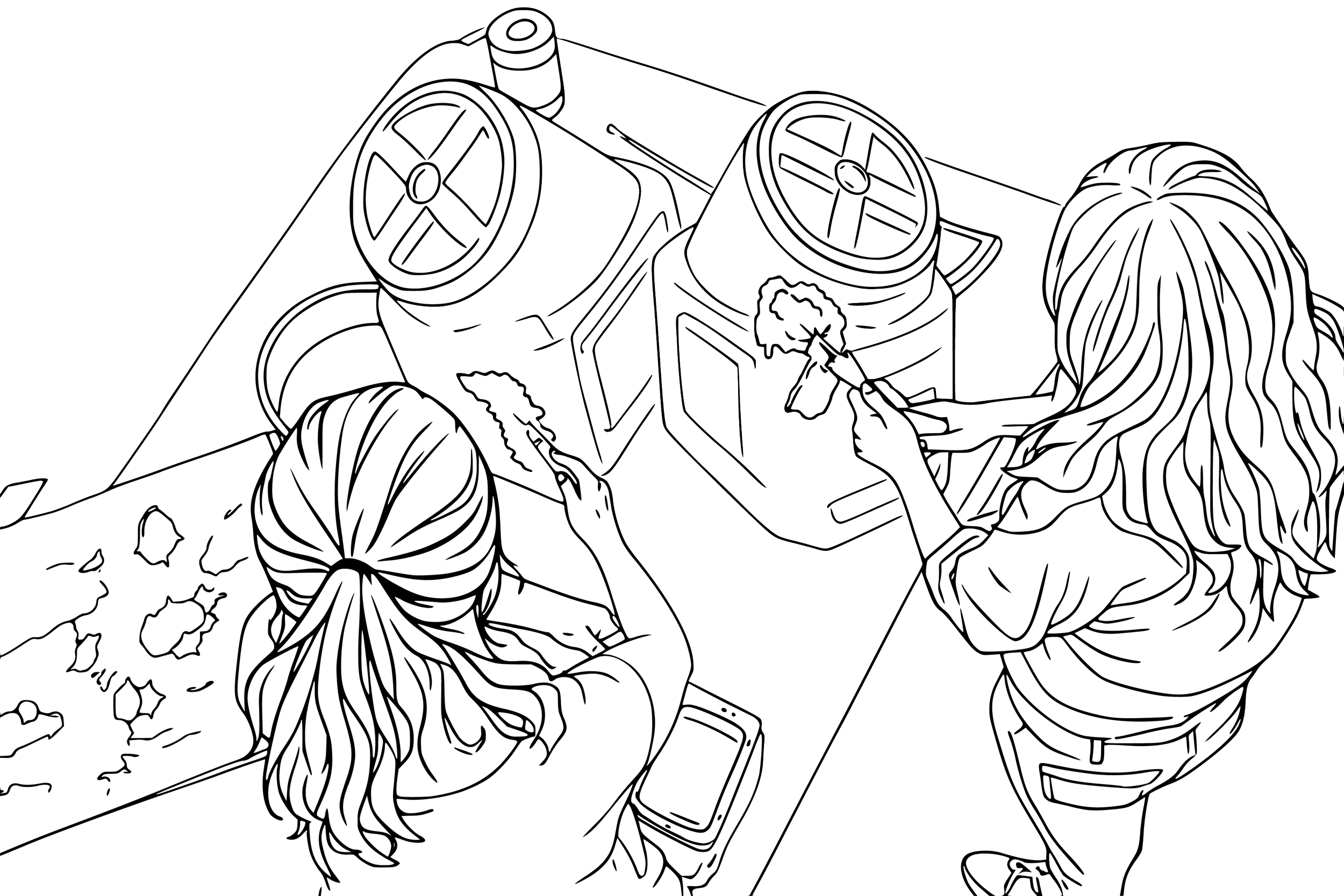 Two girls at a table with art supplies, creating artwork on a sheet of paper; one girl with curly hair paints with a brush, the other with straight hair involves a different art project.