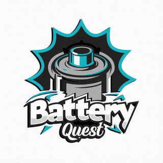 A logo for Battery Quest featuring a cartoon-style icon of a battery with a jagged shield-shaped background and bold text.