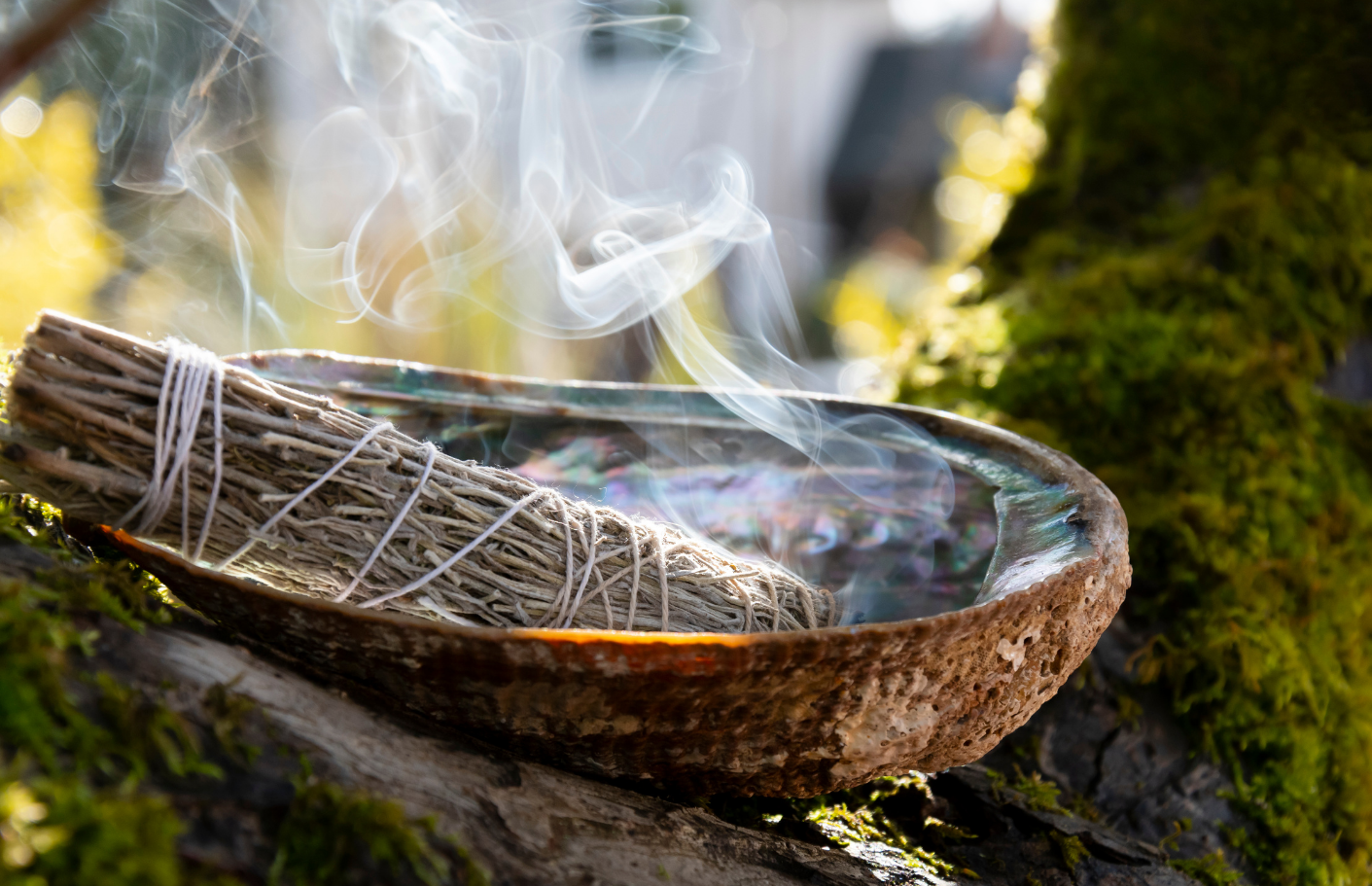 A bundle of white sage tied with string inside a ceramic bowl with steam rising, set on mossy wood outdoors.