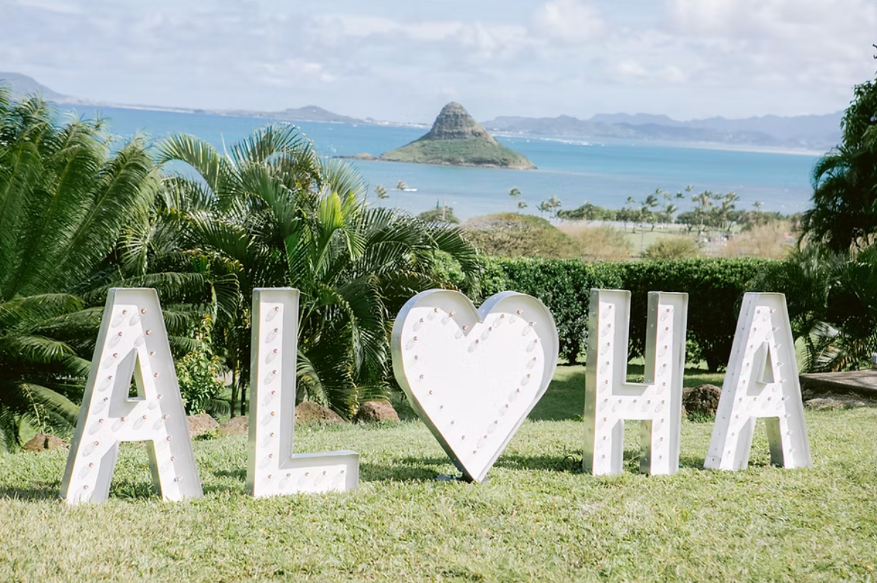 ALOHA marquee letters with heart symbol on Hawaiian lawn, palm trees, ocean, and Mokoliʻi island in Oahu background.