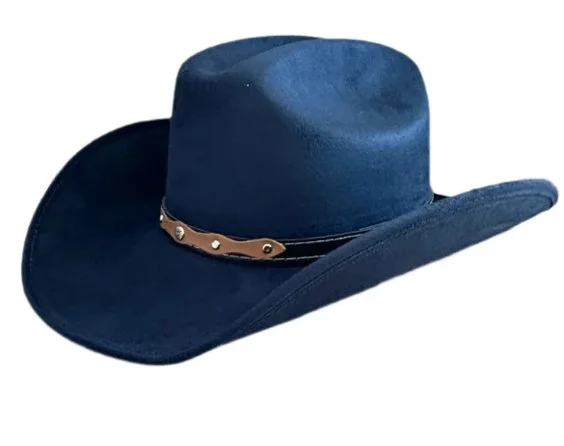 A blue cowboy hat with a brown band and metal accents.