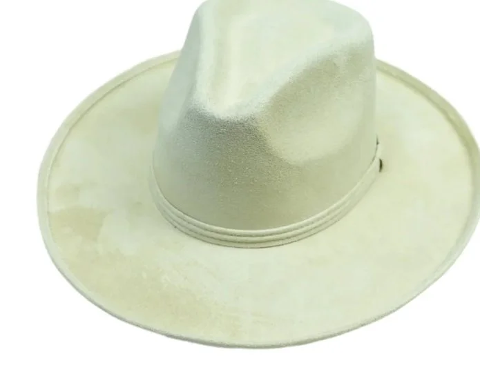A cream-colored cowboy hat with a wide brim and a decorative band around the crown.