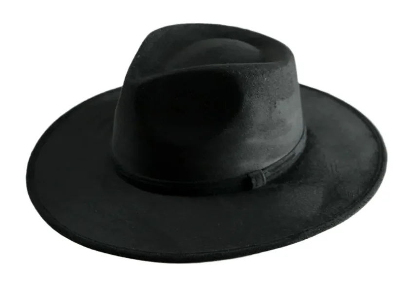 A black felt fedora hat with a wide brim.
