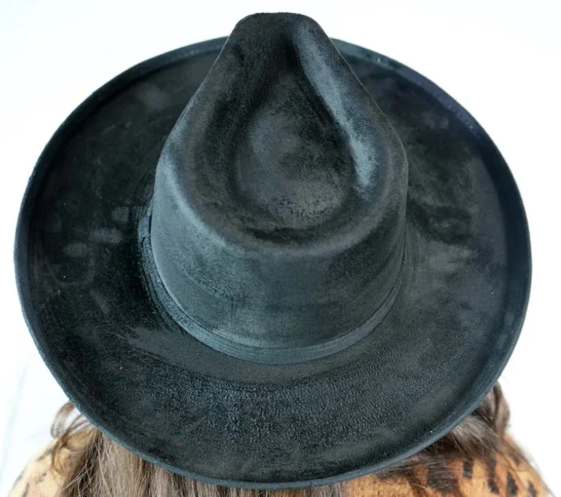 Top view of a person wearing a black cowboy hat.
