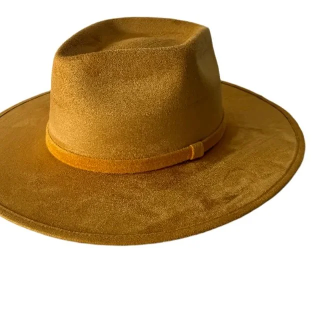 Brown felt cowboy hat with a wide brim and a decorative band around the crown.