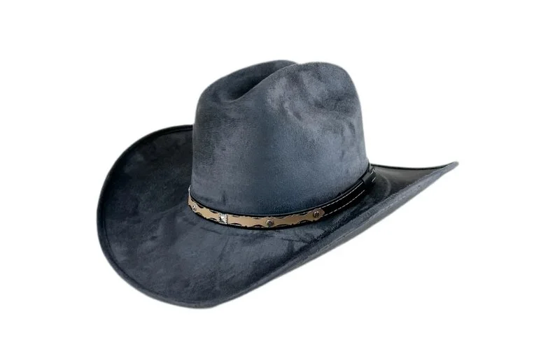 Gray cowboy hat with a black band and metal accents