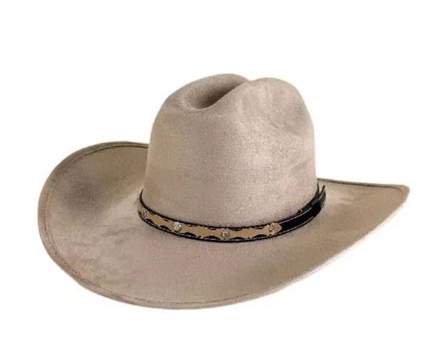 A beige cowboy hat with a black and gold band on a white background.