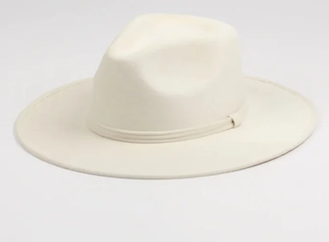 White wide-brimmed hat with a band, made of soft material.