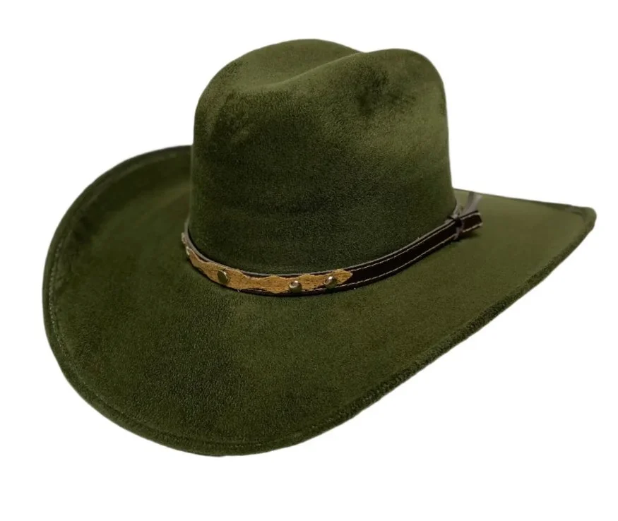 Green cowboy hat with a decorative band.