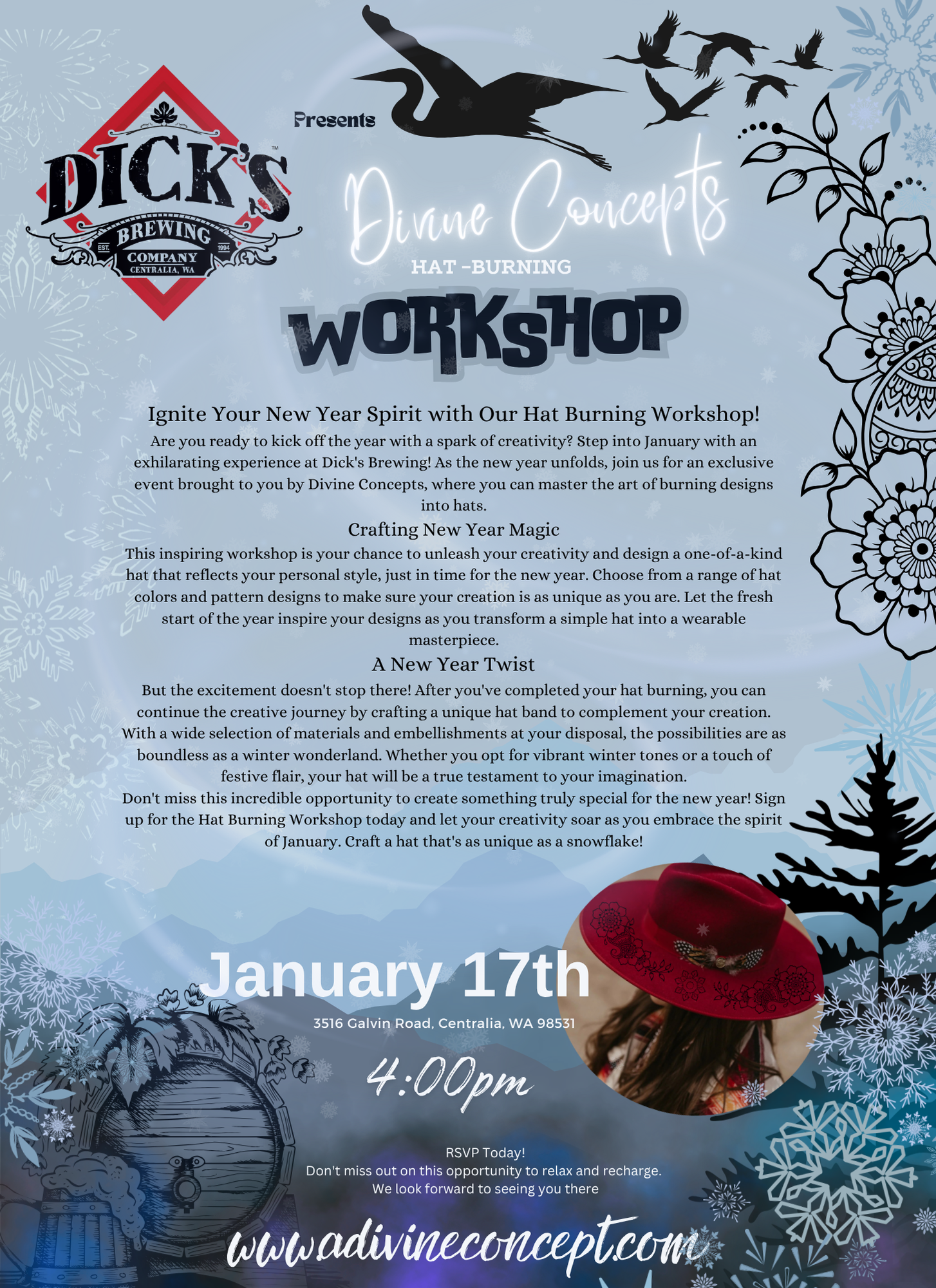 Event flyer for Divine Concepts Hat-Burning Workshop at Dick's Brewing Centralia WA. Features snowflakes, birds, a girl wearing a red hat with floral and feather decorations, and text detailing the event date, time, location, and activities.