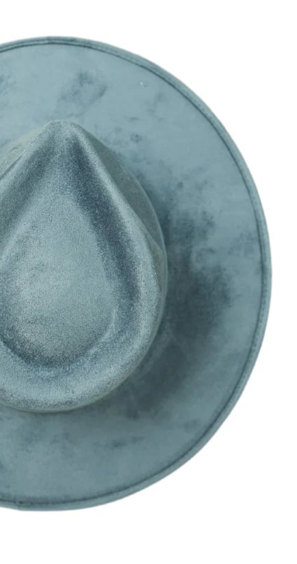 A close-up of a gray felt cowboy hat with a wide brim.