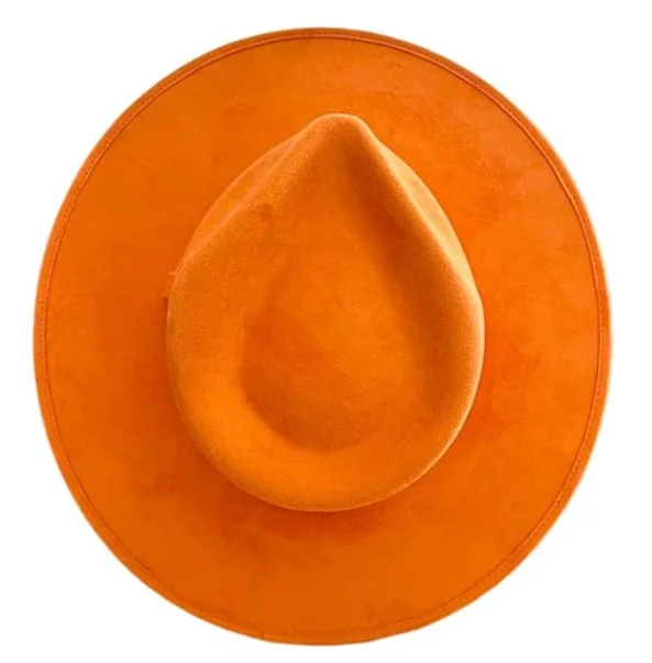 An orange cowboy hat with a wide brim and a rounded crown, viewed from above.