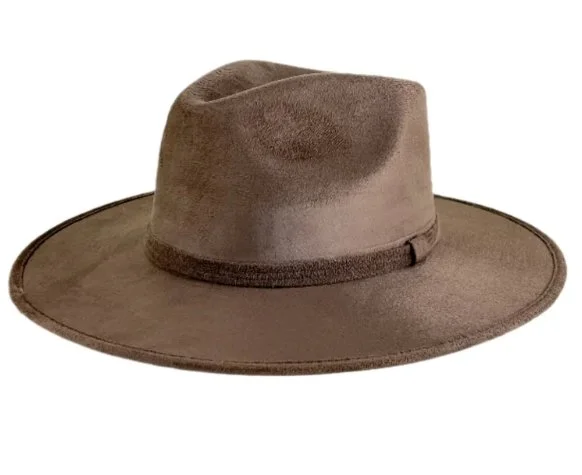 A brown cowboy hat with a wide brim and a decorative band.