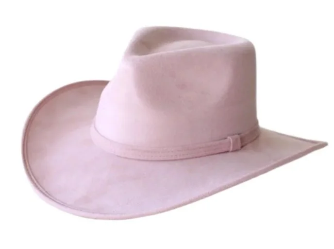 A light pink wide-brimmed hat with a decorative band.