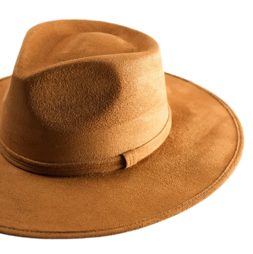 A brown fedora-style hat made of soft felt material with a wide brim and a decorative band around the base of the crown.