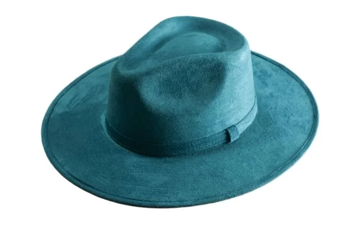 A teal wide-brimmed fedora hat made of felt material.