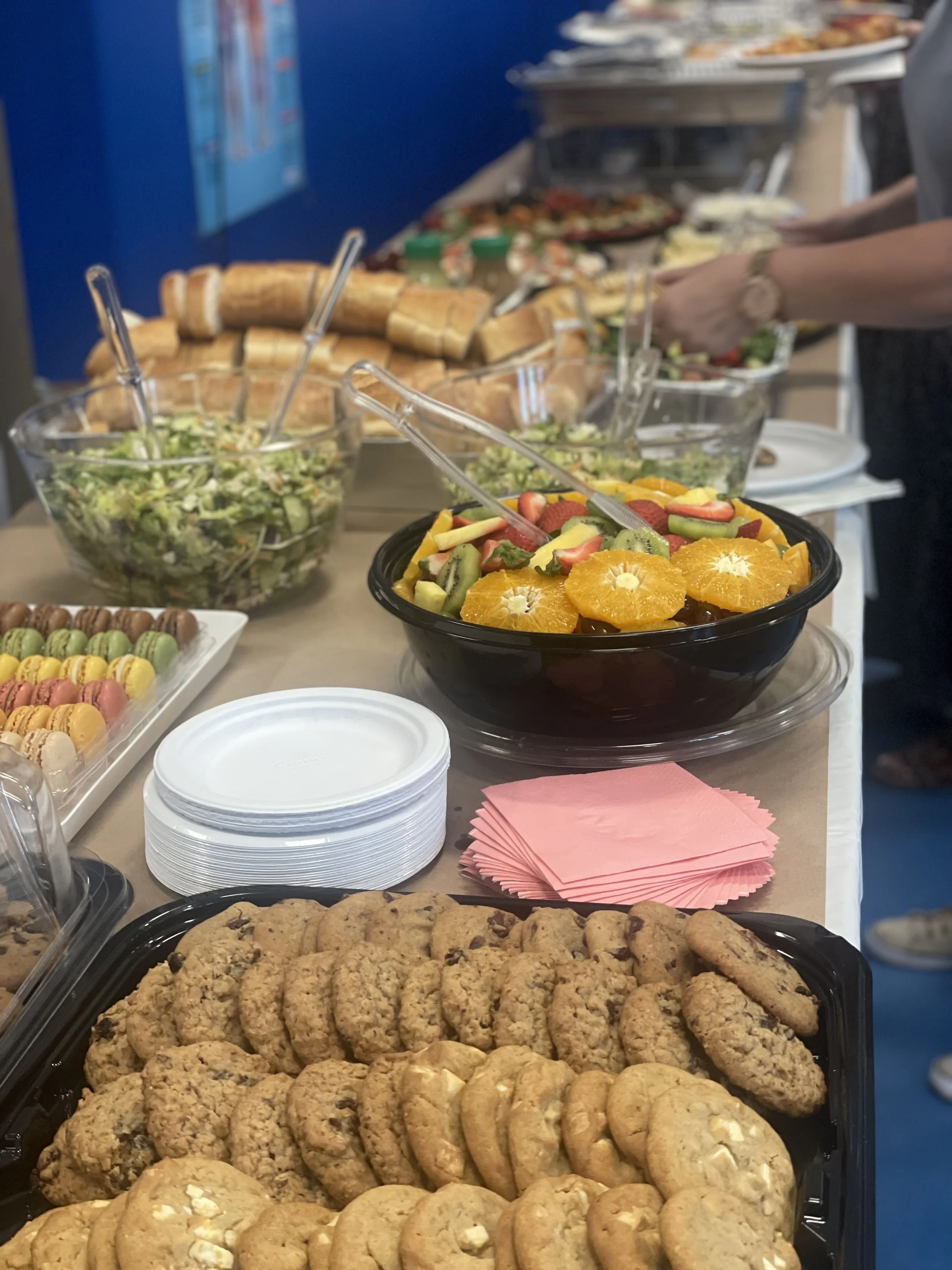 buffet table with various salads, fruit, cookies, and sandwiches at a party or gathering.