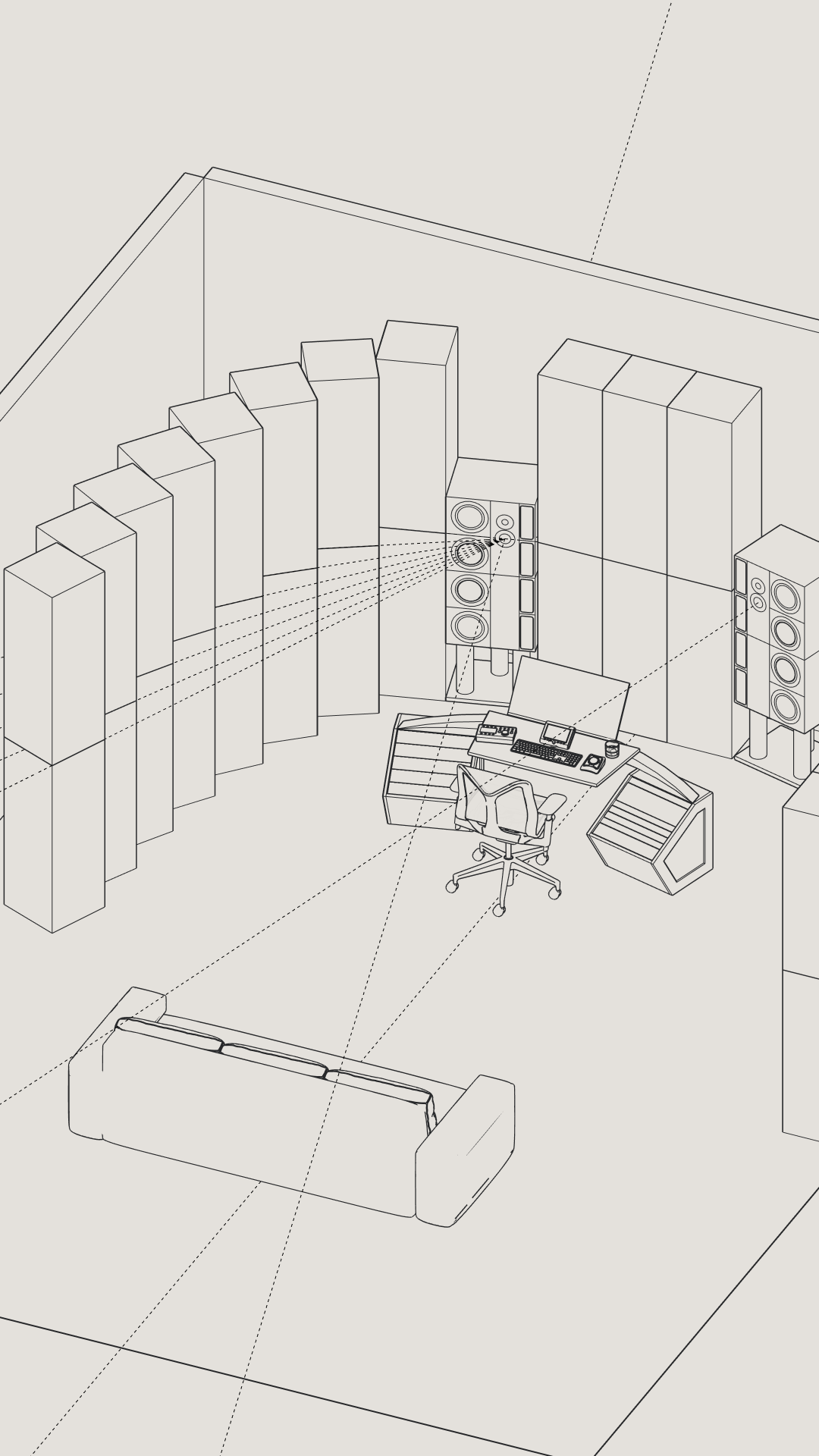 Line drawing of a music recording or mixing studio with speakers, soundproofing panels, a desk with a computer, and a couch.