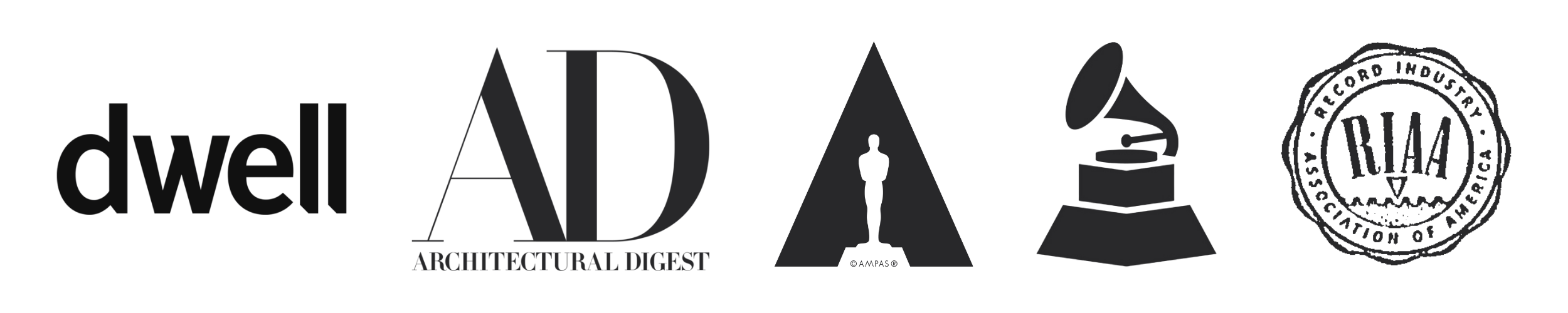 Black logo with various design elements and text, including the words "dwell AD Architectural Digest," a stylized person silhouette, a gramophone, and a circular emblem reading "big record industry" and "NAA."