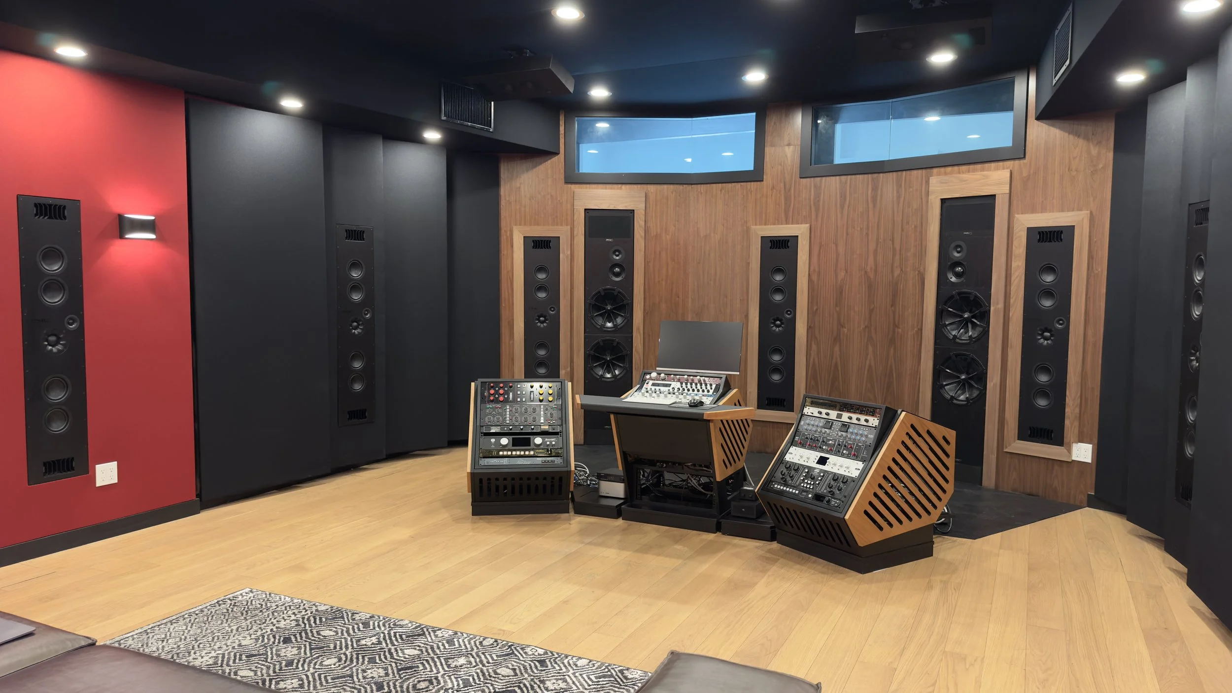 Front wall of Paris Lee Mastering atmos studio viewed from opposite side wall
