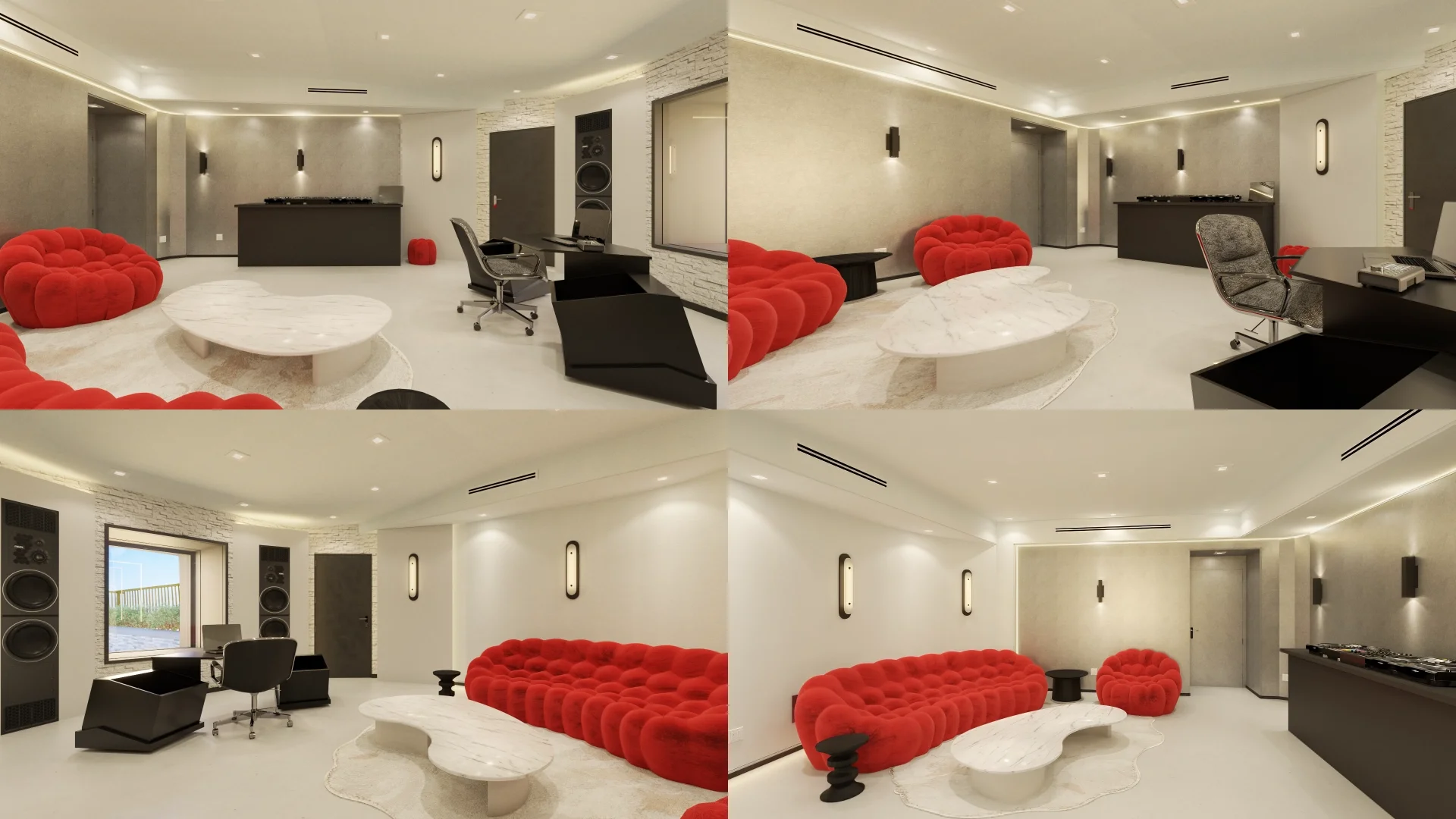 Composite image with four addititional views of the studio. Daytime.