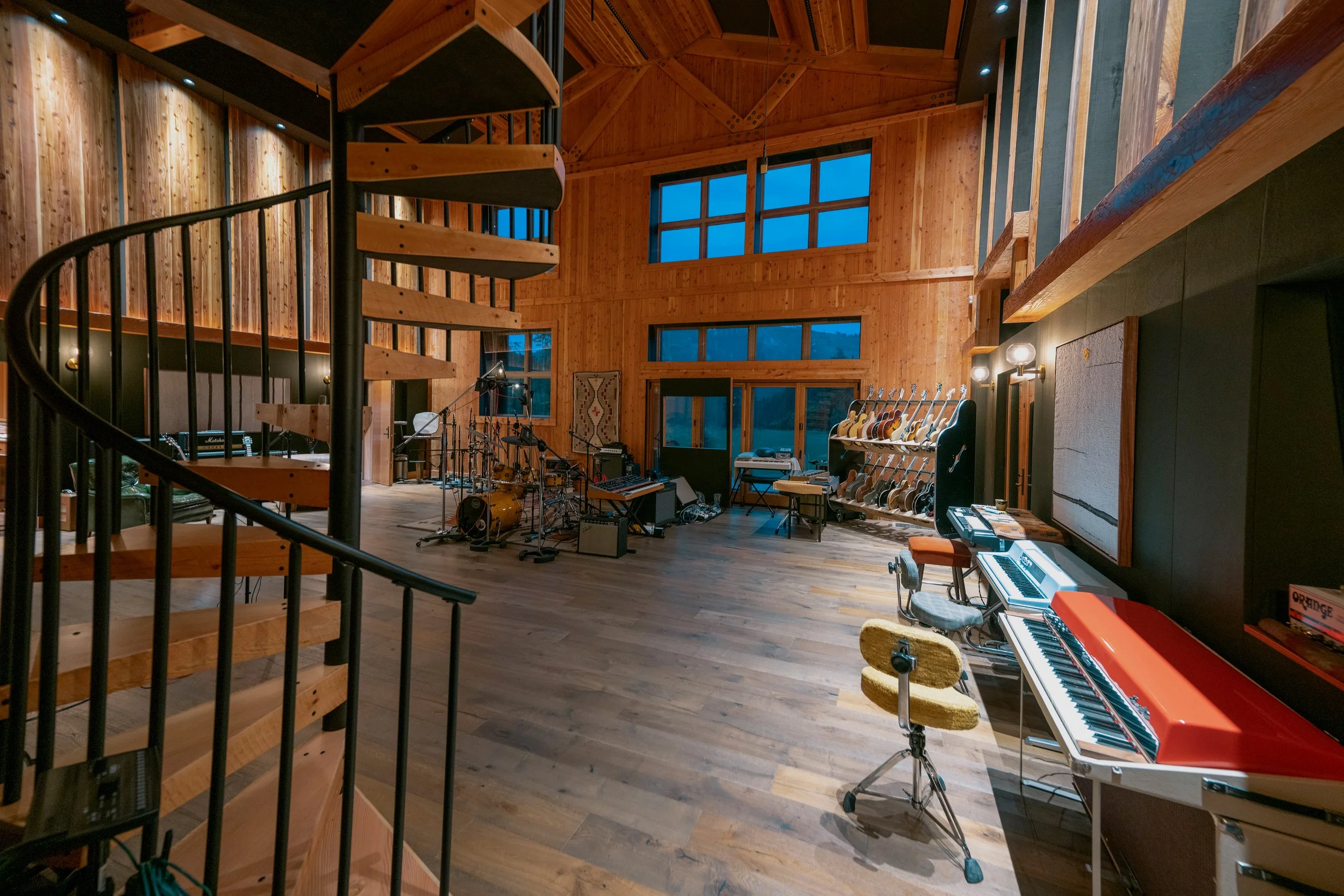 Ryan Lewis studio two story hardwoord live room viewed from ground view