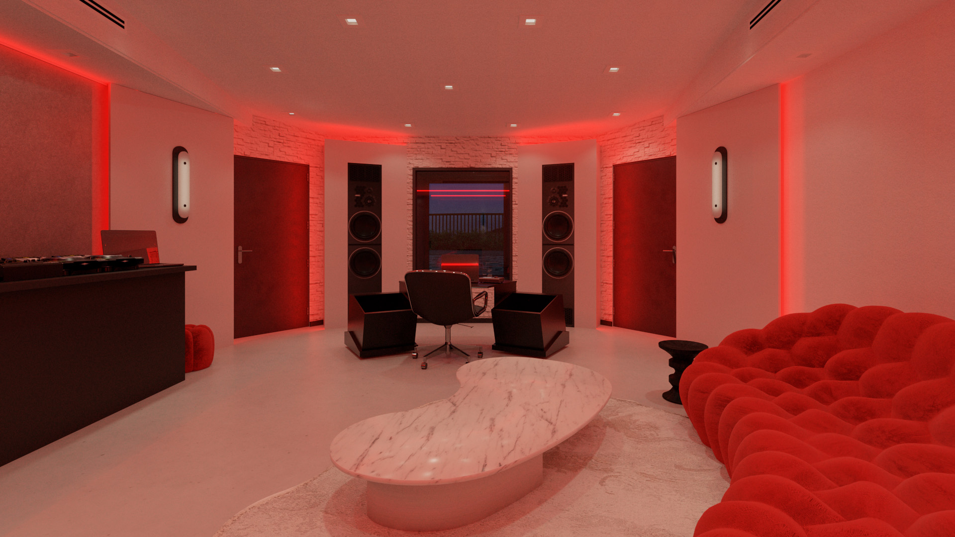 Nighttime view of studio control room with red mood lighting