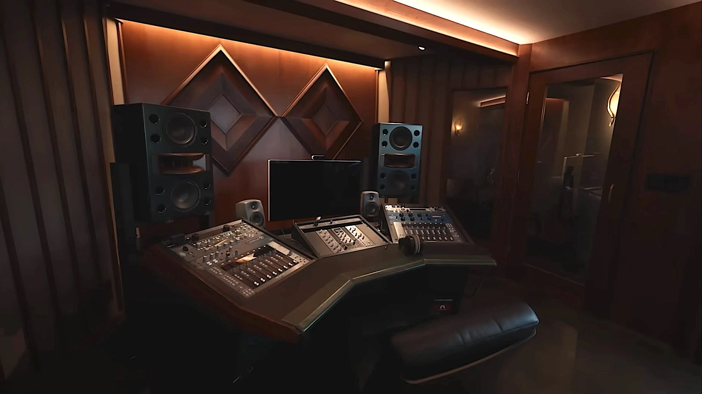 Tokio hotel studio control room with dark wood interior and production desk
