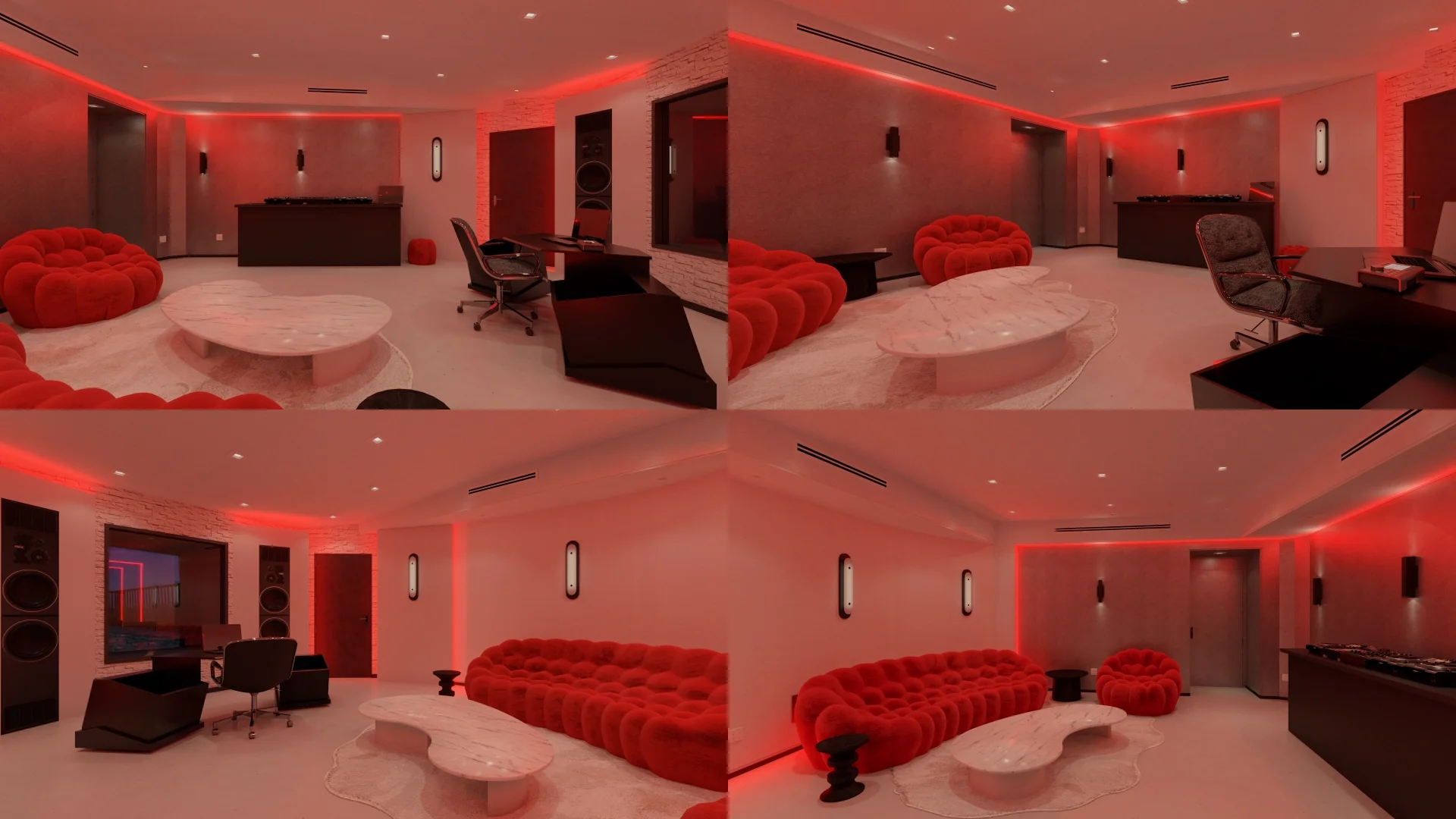 Composite image with four addititional views of the studio. Nighttime.