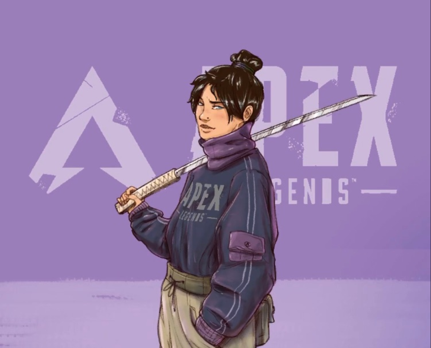 Illustration of a young woman with black hair in a bun, dressed in a dark APEx Legends hoodie, holding a white spear over her shoulder, against a purple background with APEx Legends logo