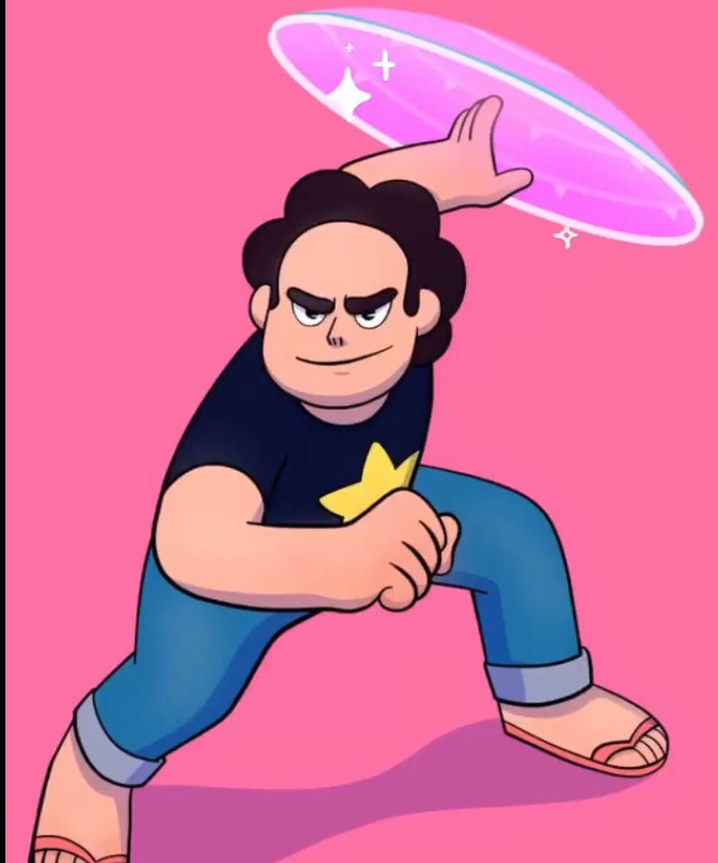 A cartoon character with dark hair, a confident expression, wearing a black shirt with a star, jeans, and sandals, is posing with a large, glowing pink and purple magic wand or disc in a dynamic stance on a pink background.