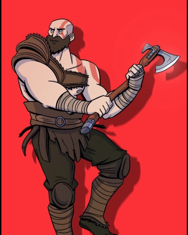 Cartoon warrior with a beard, muscular build, holding a large axe, dressed in torn brown and green clothing, standing against a red background.