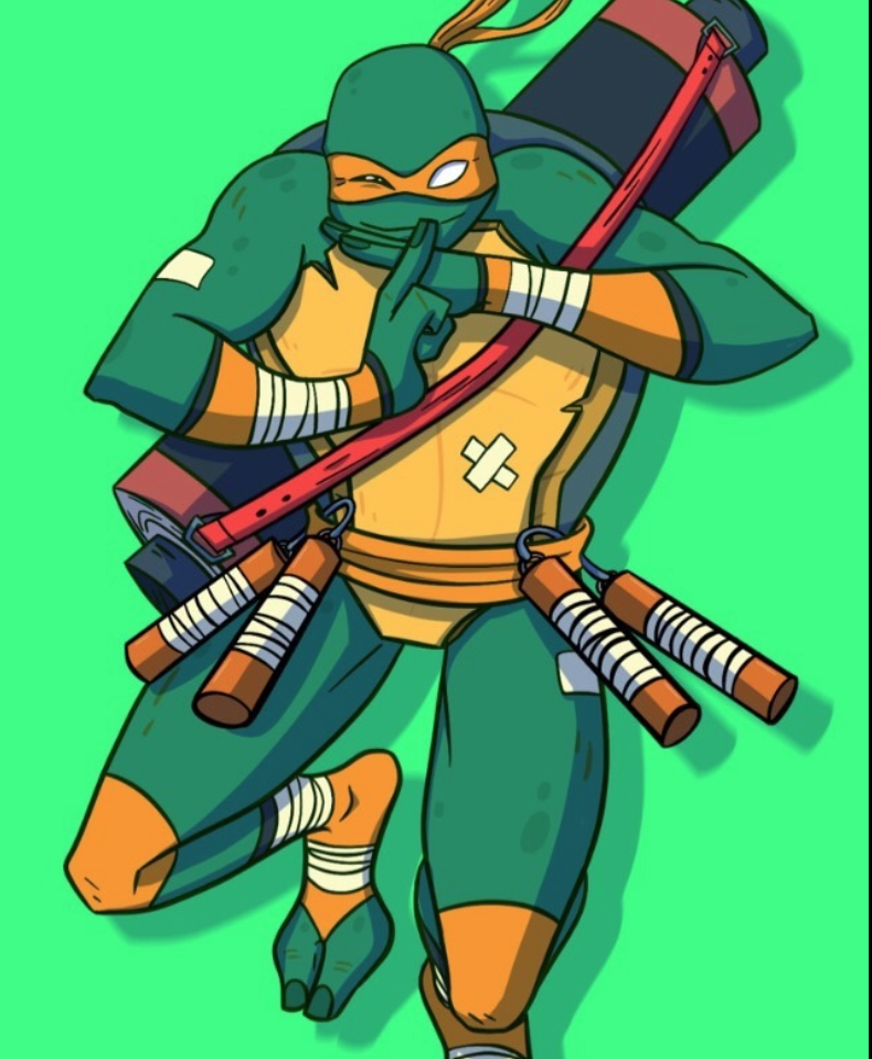 A cartoon depiction of a Teenage Mutant Ninja Turtle hit by a car.