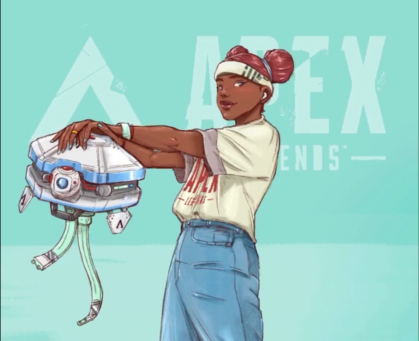 Stylized illustration of a young woman with dark skin, wearing a white headband, a beige T-shirt with red text, and blue jeans, holding a futuristic backpack with a digital camera design, standing in front of a light blue background with the text 'Ap