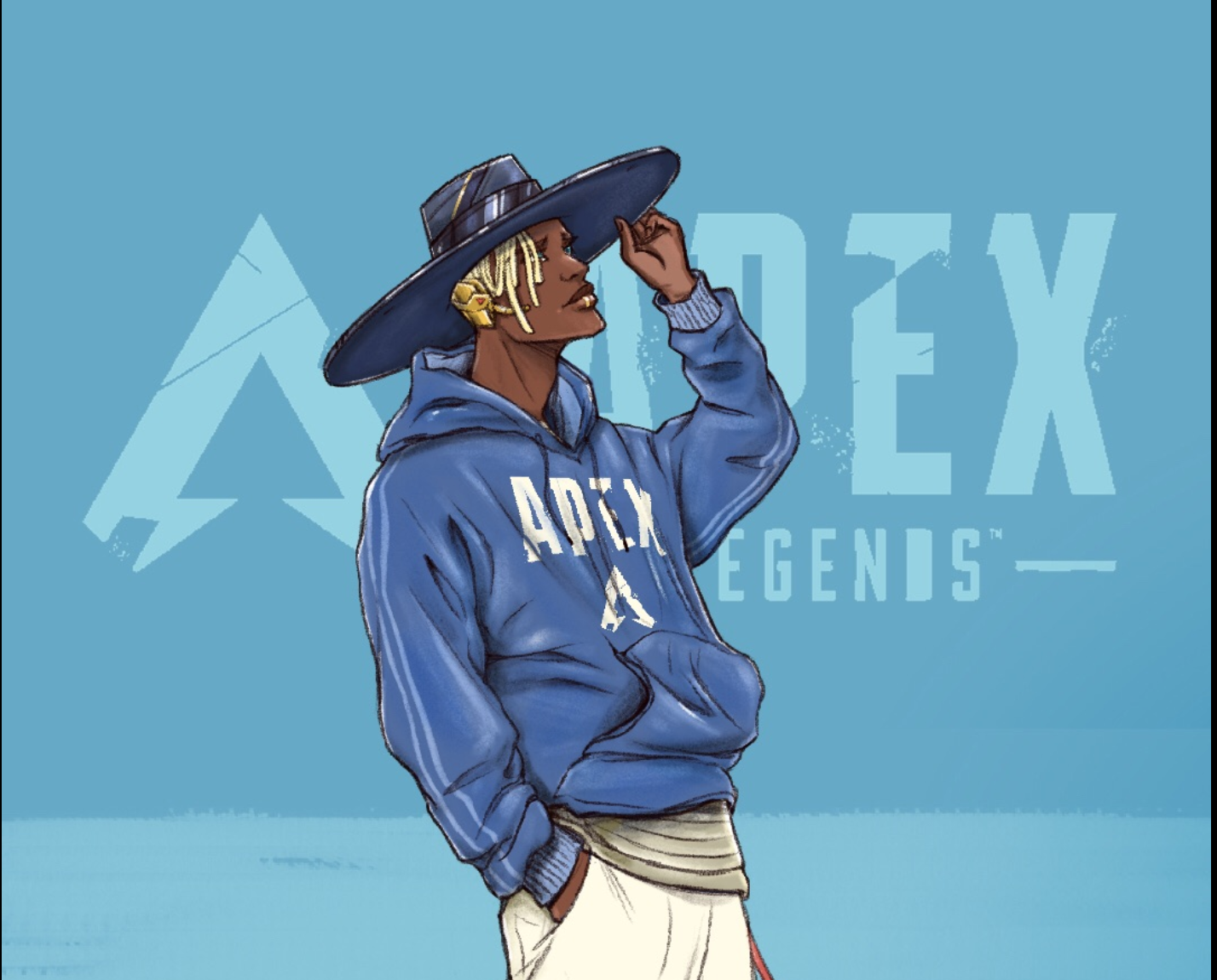 A digital illustration of a person wearing a large, wide-brimmed hat and a blue hoodie with the word 'APEX' on it, standing against the background of the 'Apex Legends' logo.