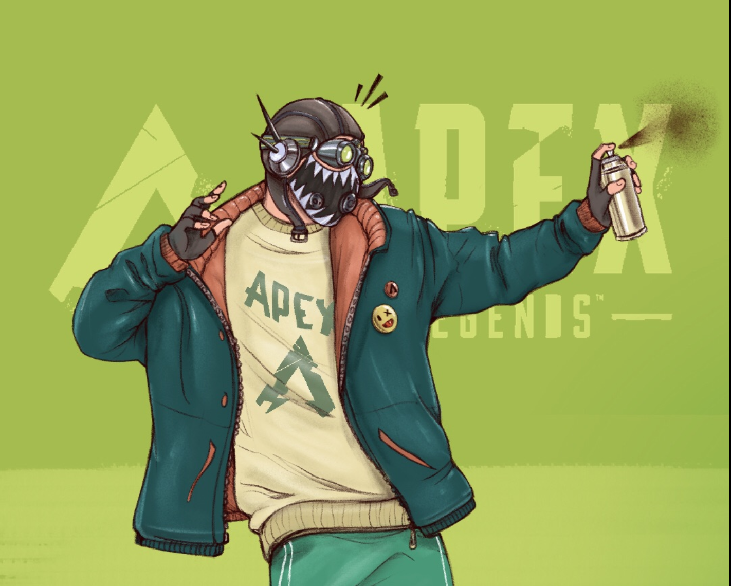 A character from Apex Legends wearing a black animal-themed mask, green jacket, and yellow Apex Legends t-shirt, holding a spray paint can, and standing in front of a green background with the Apex Legends logo.