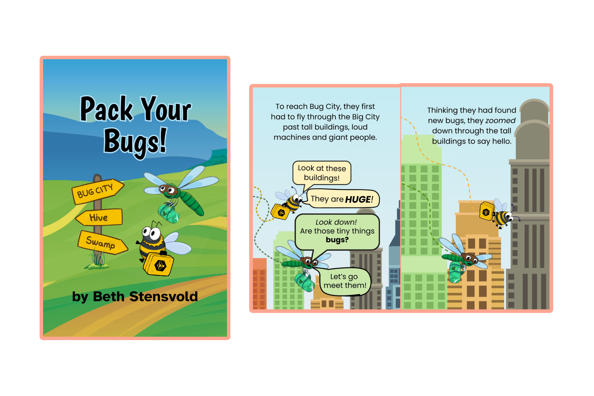 Children's book titled 'Pack Your Bugs!' featuring cartoon bugs exploring a city, with text describing insects flying through tall buildings to reach Bug City.
