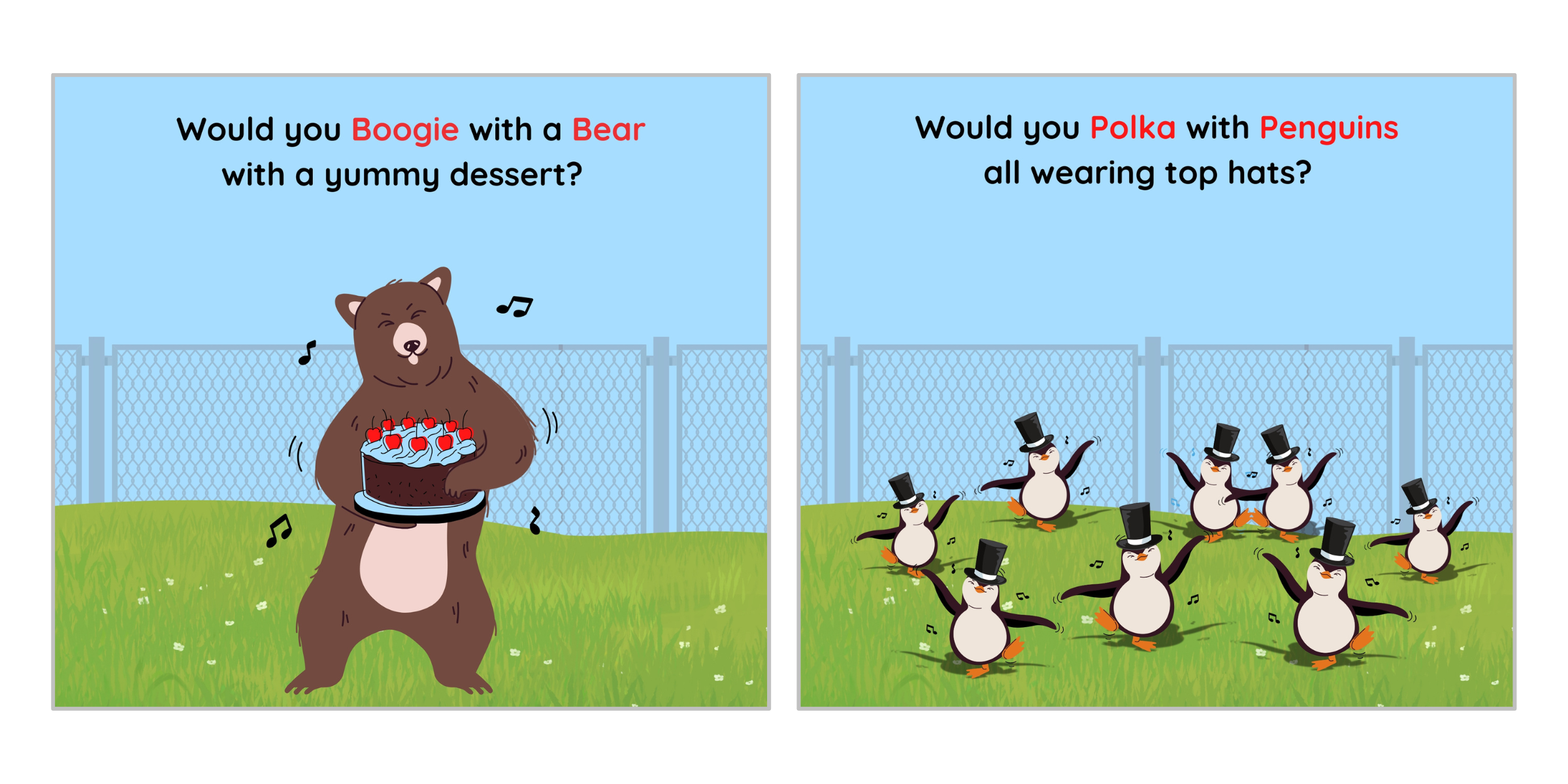 Tiger tango with a rose; weasel waltz with a wreath — Zoo Grooves rhyming dance spread.