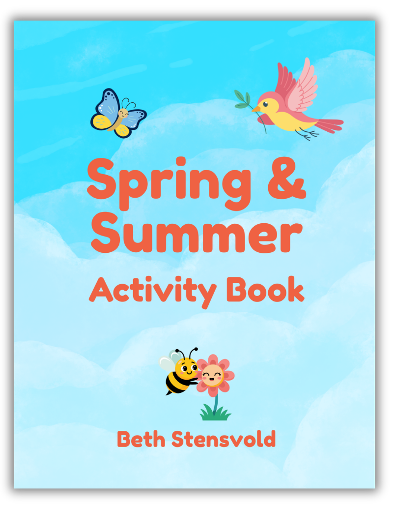 Cover of a children's activity book titled "Spring & Summer Activity Book" by Beth Stensvold, featuring cartoon illustrations of a butterfly, a bird flying with an olive branch, a bee, and a flower with a smiling face set against a blue sky with clouds.