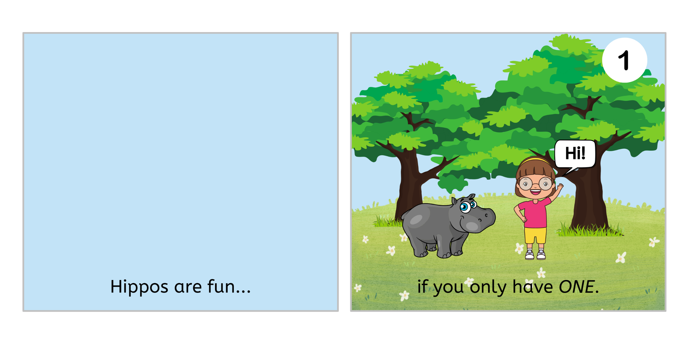 Interior spread with counting hippos in rhyme—learn numbers 1–10.