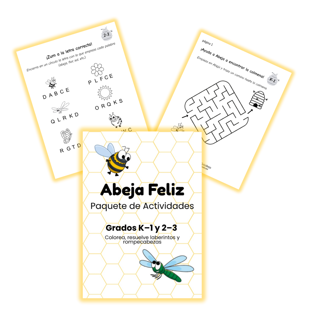 Portada / Cover of the free Abuja Feliz Activity Pack with coloring pages, mazes, and puzzles for ages 3–7, inspirado en el libro Quizabeja.
