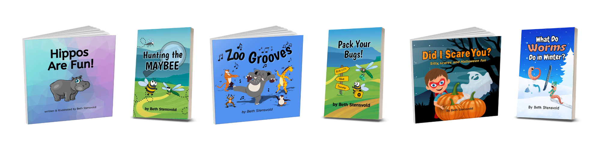 Row of six children's book covers by Beth Stensvold, each with matching free printable activities.
