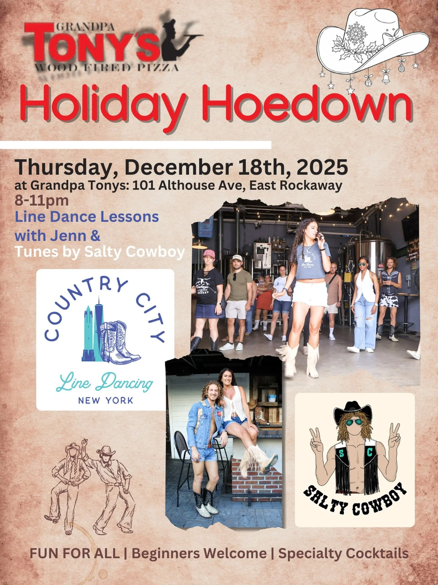 Your holiday present has arrived 🎁! We&rsquo;re hosting your holiday line dance party! Free entry for all. Make sure to save the date and come join us for a full night of line dancing and festivities! Jenn will be on the mic teaching lessons through