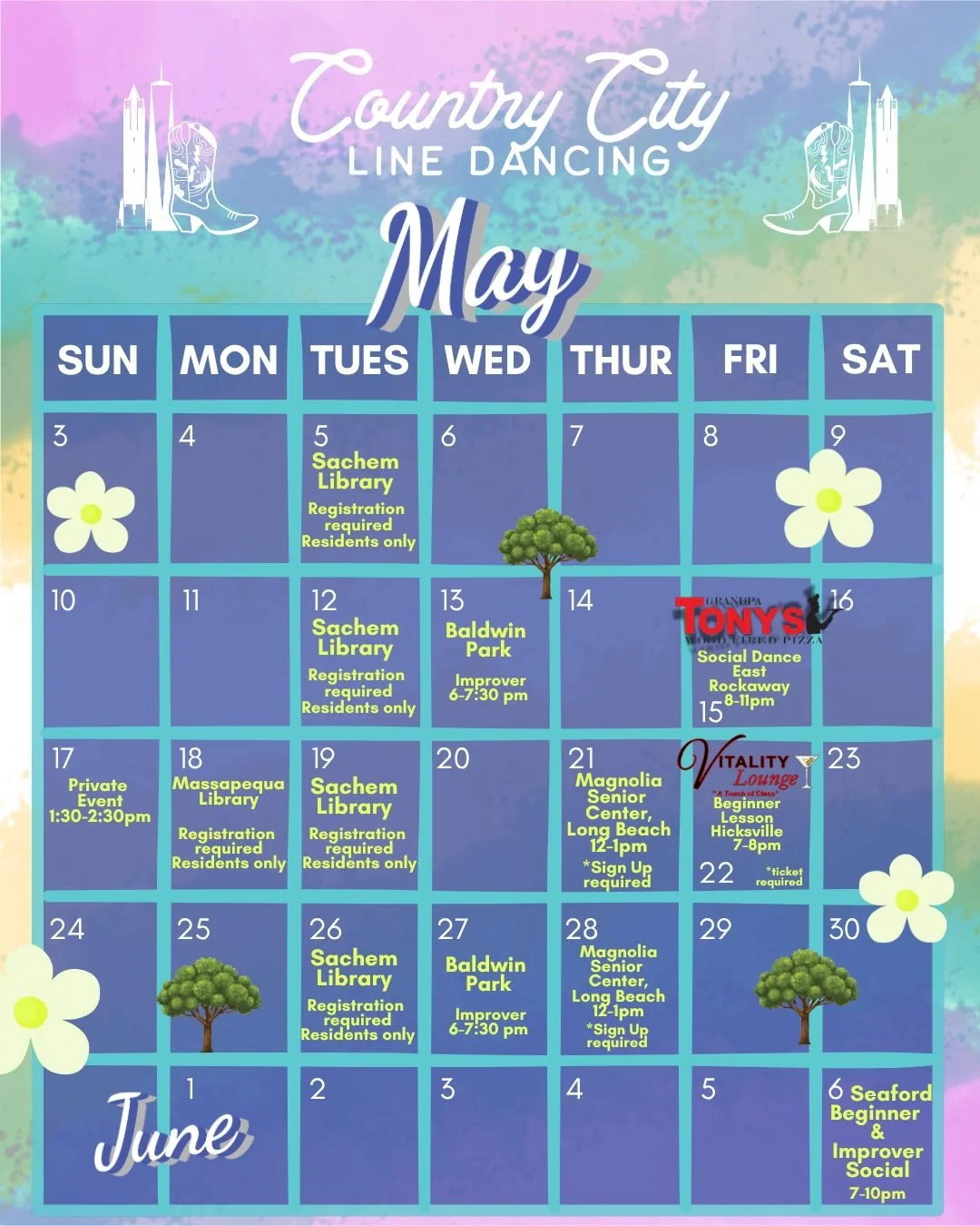 May calendar updates! Please use this one for all of your line dancing plans. 

Changes:
- Wednesdays outside -> Improvers and beyond. No beginner dances 
- June 5 beginner social!
